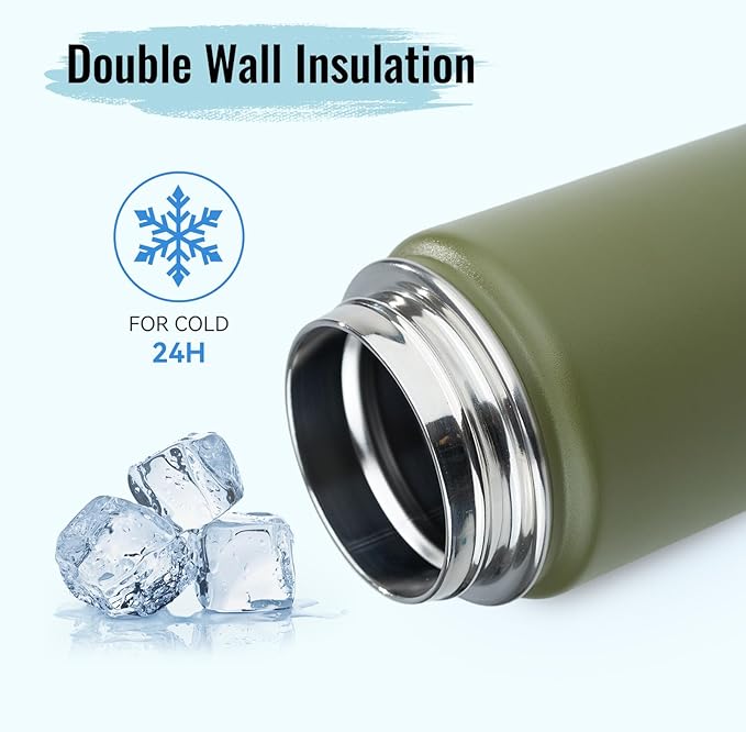 Stainless Steel Water bottle with Straw & Wide Mouth Lid, Wide Rotating Handle, 24oz Double Wall Vacuum Insulated Water Bottle Leak Proof, BPA Free, Keep Cold and Hot, 24oz, Army Green