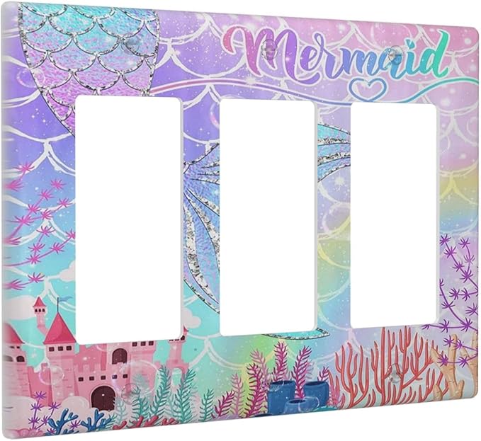 Silvery Glitter Cute Mermaid Tail Fantasy Castle 3 Gang Rocker Light Switch Covers Triple Outlet Wall Plate Decorative Switchplate Cover Faceplate GFCI for Kidroom Nursery Bedroom Kitchen Decor