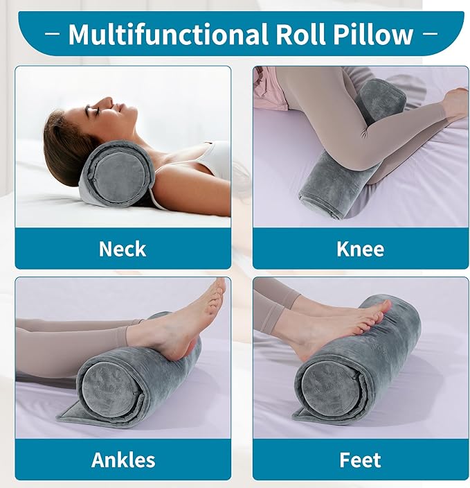 HOMBYS Adjustable Neck Roll Pillow Memory Foam Pillow Support for Sleeping, Adjustable Thickness Cylinder Bolster Pillow with Removable Washable Cover, Ergonomically for Neck, Leg, Back & Yoga