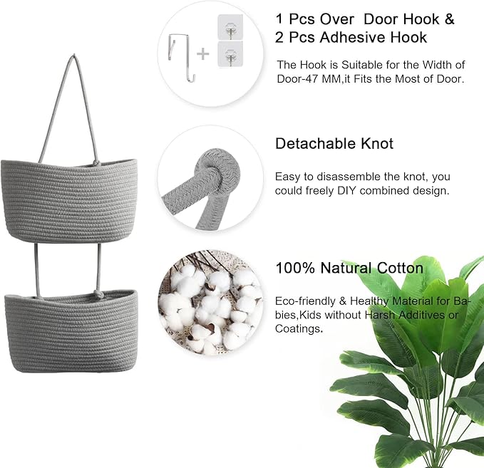TeoKJ 2 Tier Over the Door Organizer, Wall-Mounted Storage Hanging Basket, Decorative Cotton Rope Hanging Baskets, Gray