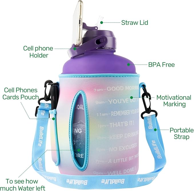 QuiFit 1 Gallon Water Bottle - with Straw & Motivational Time Marker Leak-Proof BPA Free Reusable Gym Sports Outdoor Large(128OZ) Capacity Water Jug(Purple/Blue with Sleeve,1 Gallon)
