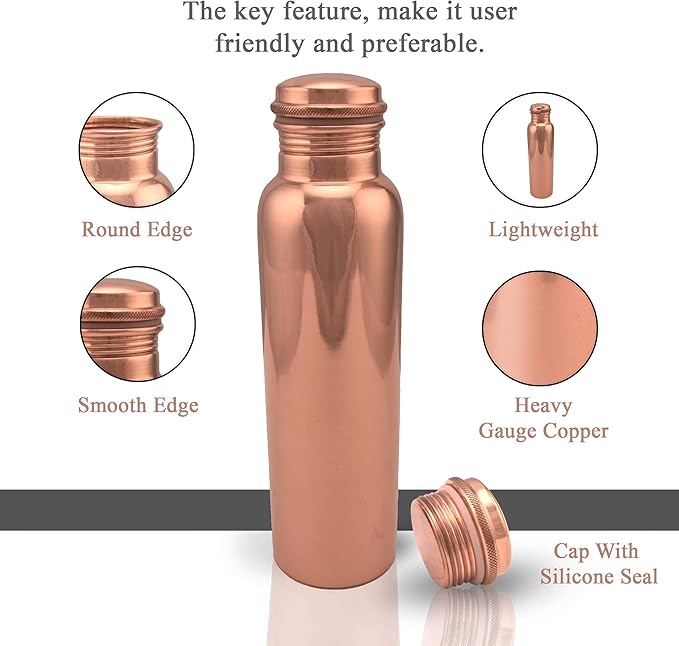 Aquatic Copper Water Bottle 34oz - Leak Proof - Ayurvedic Copper Bottle -Perfect Ayurvedic Copper Vessel for Sports, Fitness, Yoga - Natural Health Benefits - Plain - Made in India