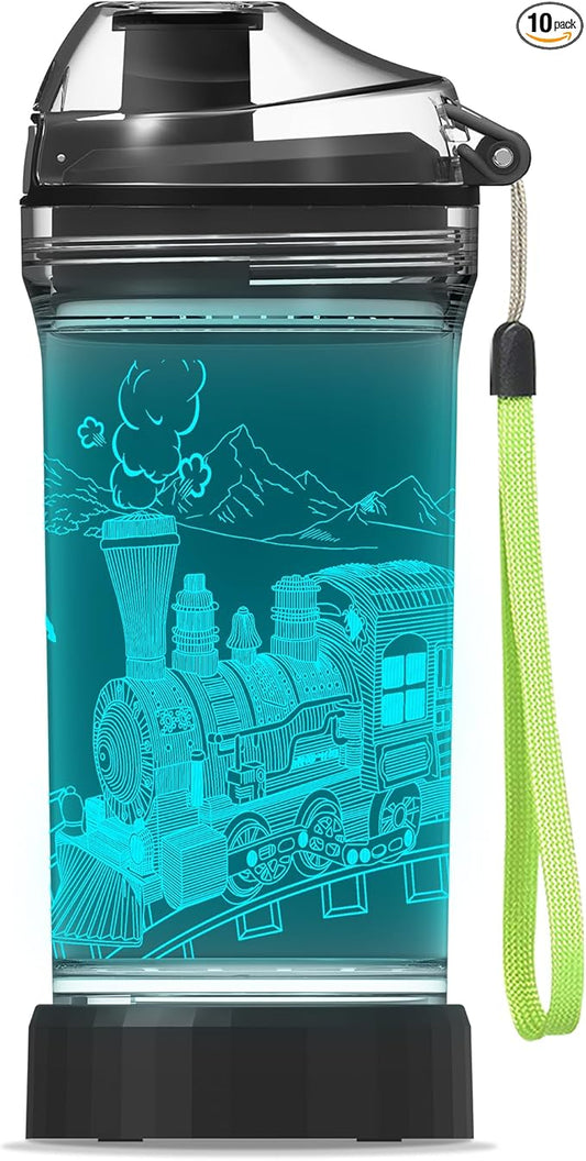 Kids Water Bottle with Train Design 3D Glowing LED Light-Tritan BPA Free,Perfect for Back-to-School Season, Girls, Boys, Kids, Holiday Camping, Picnic Gifts - 14 oz Travel Mug