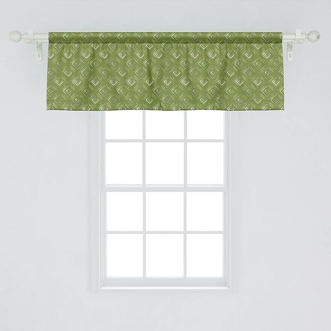 Ambesonne Olive Green Window Valance Pack of 2, Grunge Geometric Pattern Square Shape Diagonal Abstract Rhombus, Rod Pocket Curtain Valances for Kitchen Bedroom, 54" X 18", Olive Green