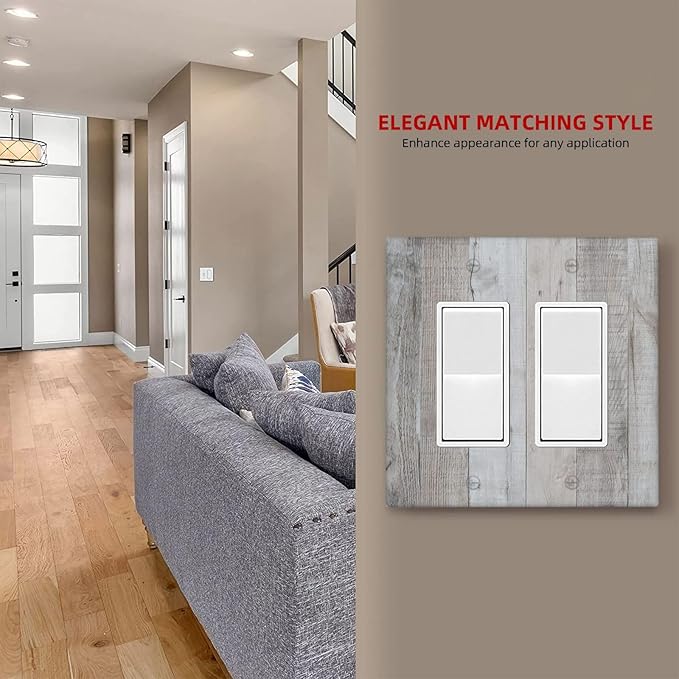 Rustic Grey Wood Shiplap 2 Gang Rocker Decora Light Switch Cover Decorative Vintage Country Outlet Covers Wall Plate Electrical Faceplate Switchcovers GFCI for Farmhouse Bathroom Bedroom Decor