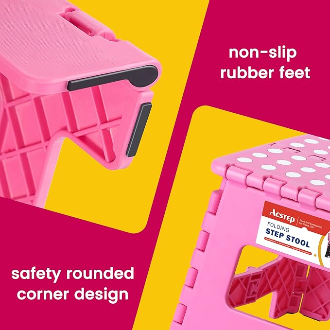 ACSTEP Acko 9 Inch Folding Step Stool - The Lightweight Step Stool is Sturdy and Safe Enough. Opens Easy with One Flip. Great for Kitchen, Bathroom, Bedroom Pink