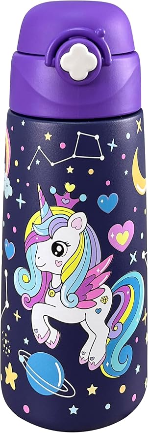 Kids Insulated Water Bottle with Covered Pop-Up Straw,16oz Kids Cups with Stainless Steel Leak Proof for School Boys Girls（Purple Unicorn）