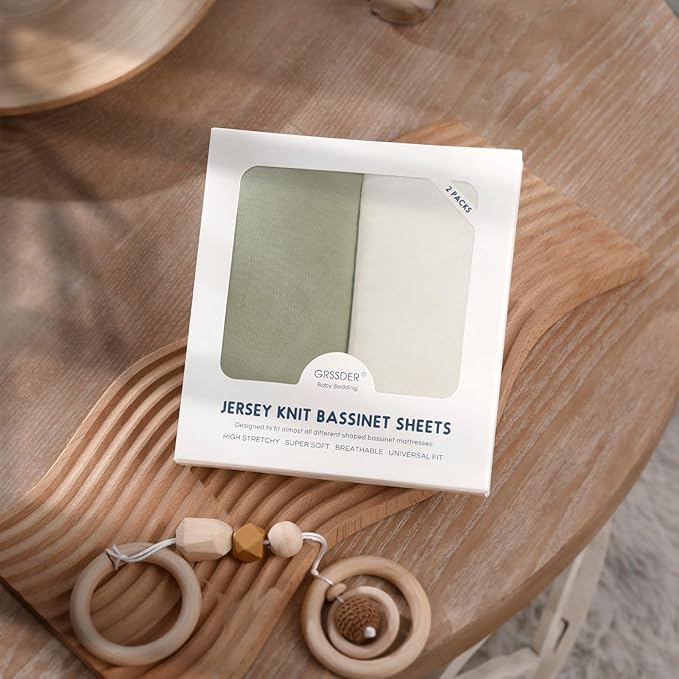 GRSSDER Stretchy Ultra Soft Fitted Bassinet Sheet 2 Pack, Universal Fit for Bassinets Baby Cradle Moses Basket Oval Rectangle Mattress Safe and Snug, Jersey Bassinet Sheets for Girls, Cream/Sage