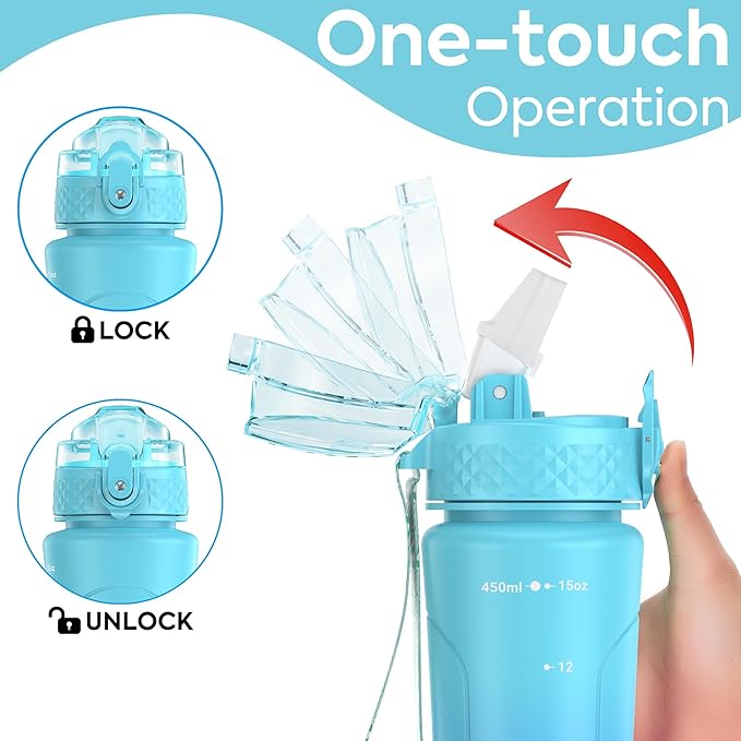 OLDLEY Kids Water Bottle for School with Straw Chug Lid, 15 oz Unbreakable Leak-Proof BPA-Free Motivational Water Bottles with Time Marker for Travel Sports Gym, Green Blue