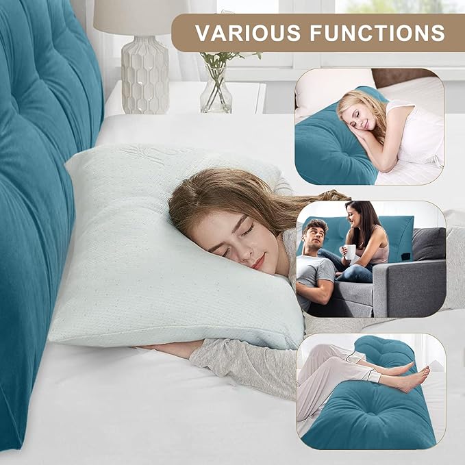 Large Triangular Headboard Pillows Long Backrest Positioning Support Bolster Cushion for Daybed Fluffy Quality Plush Body Wedge Pillow with Removable Cover(Dark blue-Queen-59x8x20in)