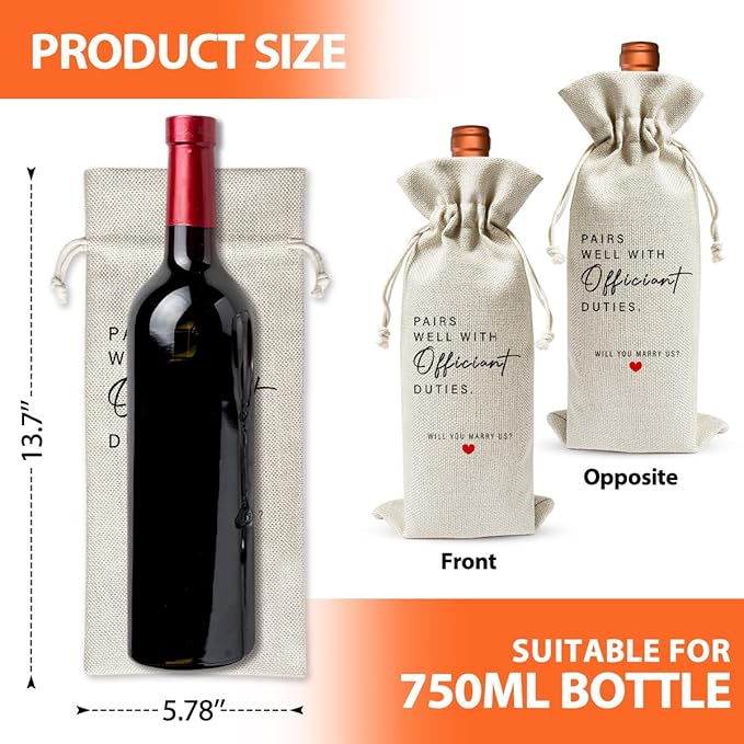 Wedding Officiant Gift Wine Bag, Ordained Minister and Pastor Appreciation Gift, Engagement Gift, Engagement Party Supply Favor, Officiant Gift Idea, Proposal Gift, Cotton Linen Wine Bag