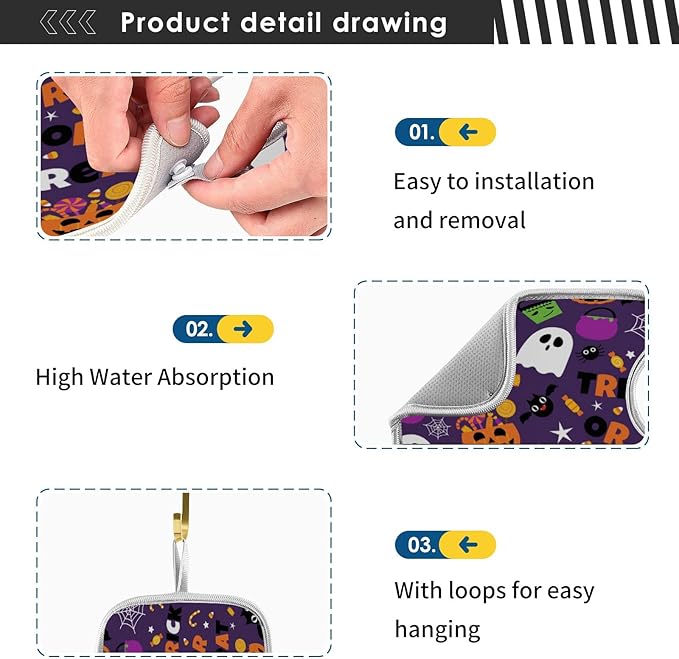 Happy Halloween Purple Faucet Sink Mat for Kitchen 2 Pack Spooky Ghost Pumpkin Bat Witch Bathroom Drying Mat Absorbent Splash Water Catcher Mats Microfiber Cloth Drip Protector Splash Pad 23x5 Inches