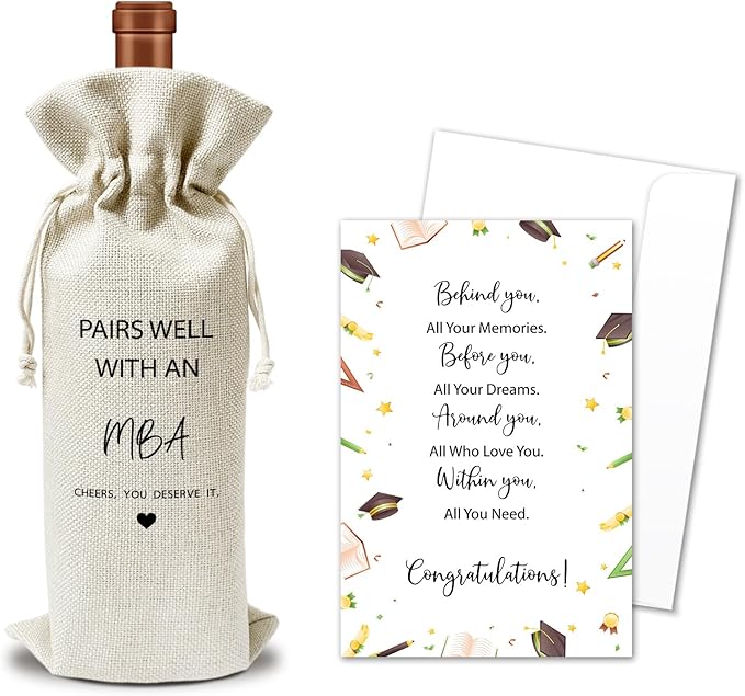 Masters Degree Graduation Wine Gift Bags & Card, Graduation Gifts for Son Daughter MBA College Degrees, 1 pcs Reusable Burlap Wine Gift Bags for Wine Bottles, Graduation Gifts Party Decor Favor -30