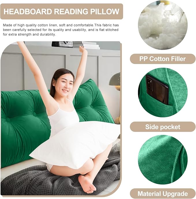 Large Triangular Headboard Pillows Long Backrest Positioning Support Bolster Cushion for Daybed Fluffy Quality Plush Body Wedge Pillow with Removable Cover(Dark Green-Twin/Twin XL-39x8x20 in)