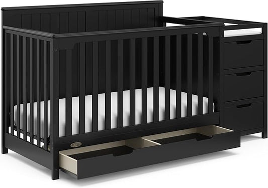 Graco Hadley 5-in-1 Convertible Crib and Changer with Drawer (Black) – GREENGUARD Gold Certified, Crib and Changing Table Combo with Drawer, includes Baby Changing Pad, Converts to Full-Size Bed