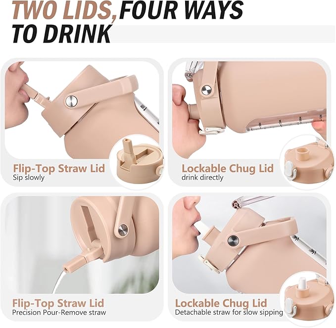 64 oz Glass Water Bottle with Straw and 2 Lids, Half Gallon Water Bottle with Sleeve, Large Insulated 2 Liter Glass Water Jug Time Marker with Handle - Light Amber