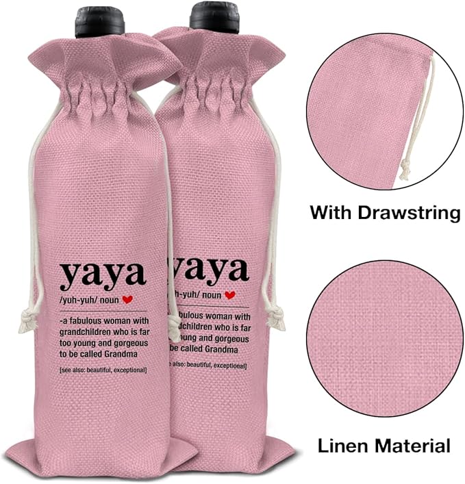 HOIJAUMAI Gifts for Grandma, Grandma Gift From Granddaughter Grandson, Funny Yaya Definition Wine Bag Grandma Wine Gift Bags for Yaya Nana Gigi Mimi Grandmother (Pink)