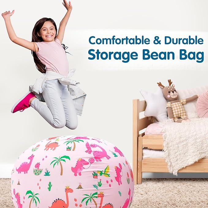 Lukeight Stuffed Animal Storage Bean Bag Chair Cover for Kids, Dinosaur Zipper Beanbag Chair Cover for Organizing Toddler and Kids' Rooms Plush Toys (Dinosaur Blush, X-Large)