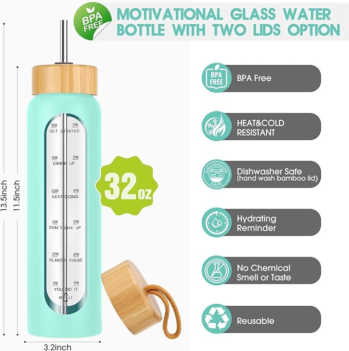 32 oz Glass Water Bottles with Straw - Motivational Glass Water Bottle with Time Marker & Silicone Sleeve - Reusable Glass Tumbler Includes 2 Bamboo Lids & Fruit Infuser - 1 Pack