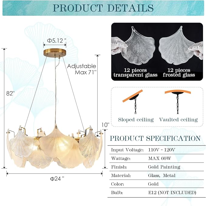 Gold Round Chandelier 8 Light Ginkgo Crystal Chandelier Light Fixture Hammered Glass Vintage Chandelier for Living Room Dining Room Bedroom High Ceiling Foyer,24in