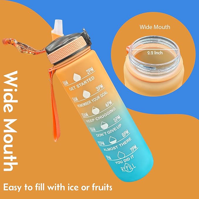 Yaa Fresh Water Bottles, 32oz Motivational Sports Water Bottle with Time Marker - Times to Drink - Tritan, BPA Free, Wide Mouth Leakproof, Fast Flow Technology with Clean Brush (1 Pack) (Blue-Orange)
