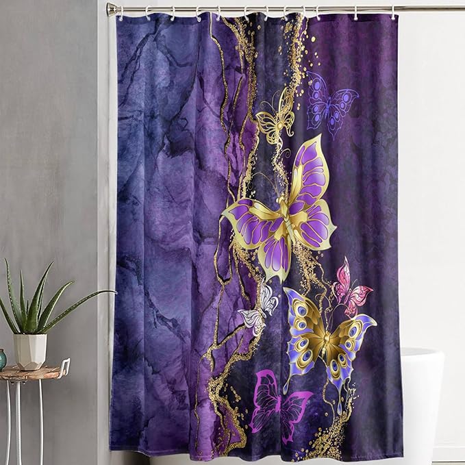 AILONEN Beautiful Butterfly Shower Curtain Bathroom 72" W*96" H Purple Butterfly Curtain Cloth Fabric Bathroom for Girls Kids,Marble Theme Shower Curtain Set