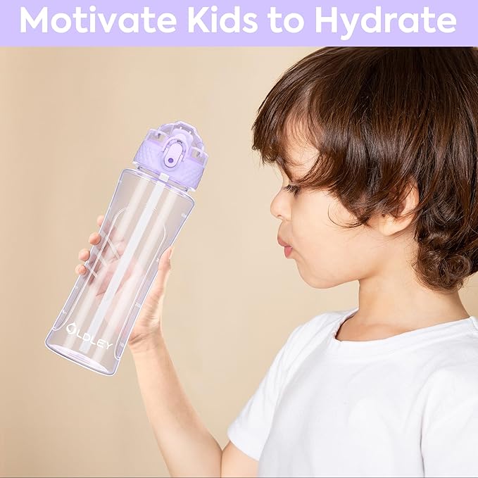 OLDLEY Kids Water Bottle with Straw 15 oz BPA-Free Leak-Proof Motivational Water Bottles with Time Marker for School Sports Travel Gym, Easy to Use for Girls Goys, 1 Straw Lid, Transparent-purple