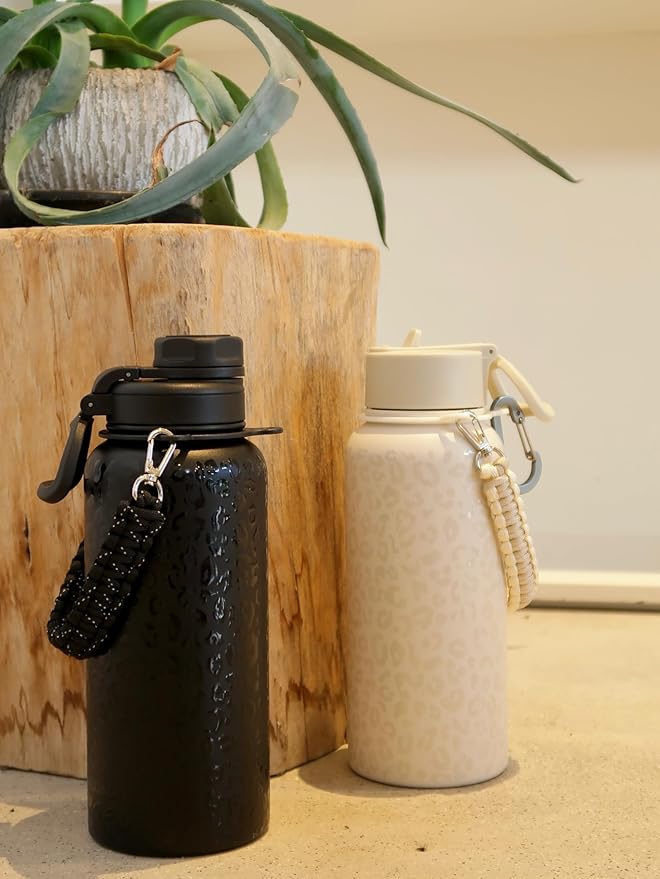 32oz Insulated Water Bottle with Paracord Handles & Strap, 2 Lids(Straw Lid&Spout Lid), Stainless Steel Reusable Wide Mouth Metal Water Bottle With Straw, Double Walled, Thermo Mug（Black Leoqard)