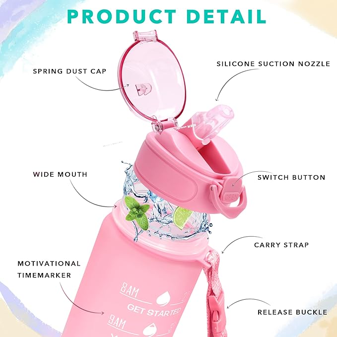Enerbone 32 oz Drinking Water Bottle with Times to Drink and Straw, Motivational with Carrying Strap, Leakproof BPA & Toxic Free, Ensure You Drink Enough Water for Fitness Gym Outdoor