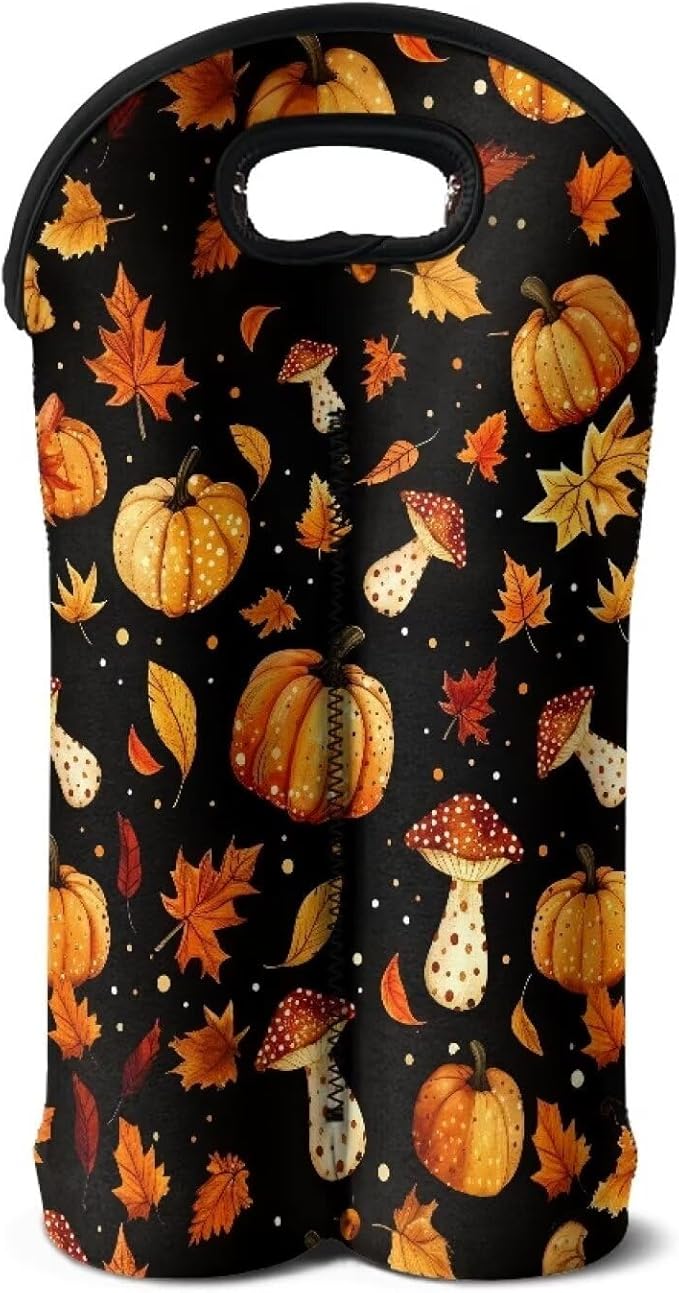 doginthehole 2 Bottle Wine Bag Tote Bag, Fall Maple Leaf Pumpkin Mushroom Neoprene Wine Carrier Tote Bag, Wine Bag for Wine Bottle, Beer Bottle and Water Bottle, Thanksgiving Day Decorations