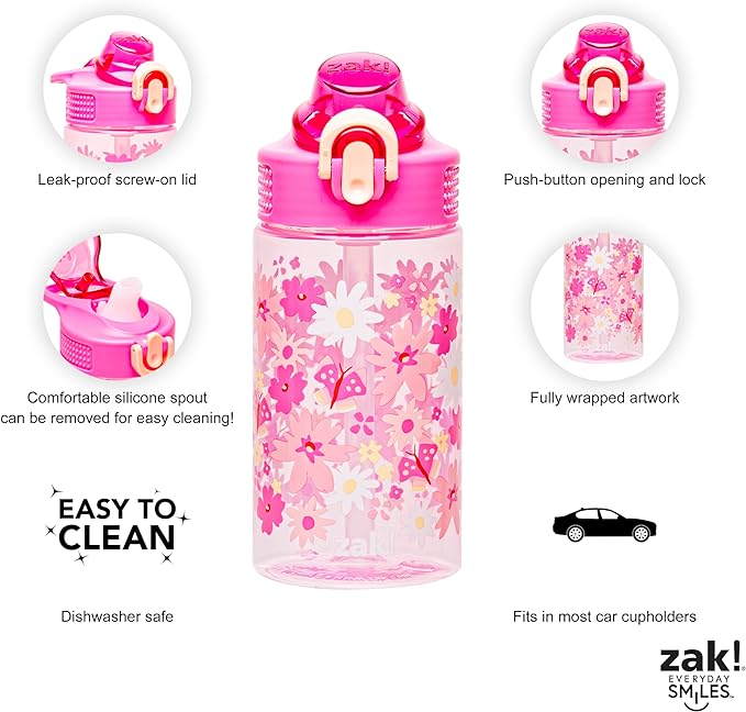 Zak Designs Sage Water Bottle For School or Travel, 16oz Durable Plastic Water Bottle With Straw, Handle, and Leak-Proof, Pop-Up Spout Cover (Flower Power)
