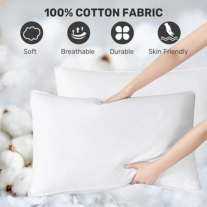 UNIKOME Goose Down Feather Pillows with 100% Cotton Cover, Set of 2 Gusseted Bed Hotel Collection Pillows for Sleeping, Queen Size