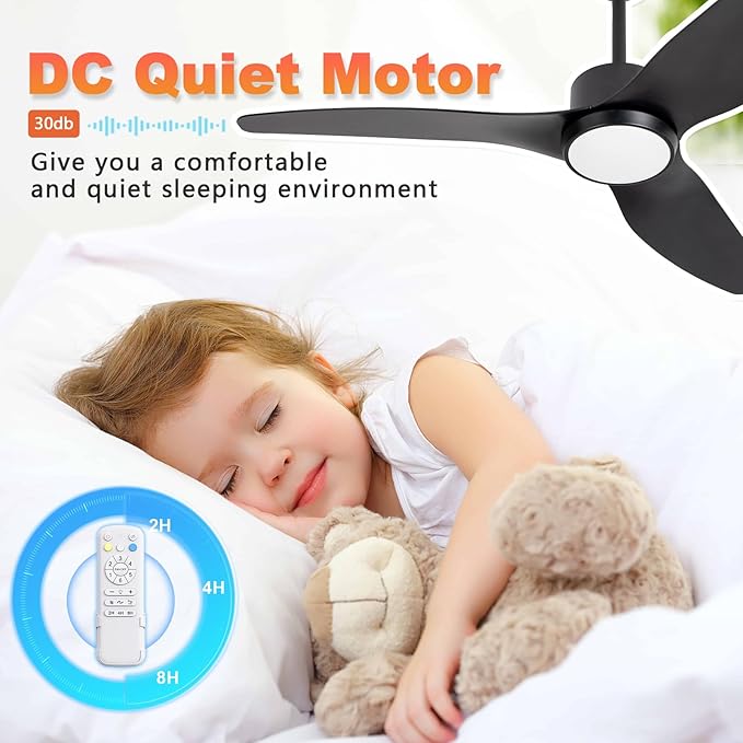 Black Ceiling Fan with Light Remote 52in 6Speed Silent Reversible Motor 3CCT Dimmable LED Adjustable Height Timer Memory Function Modern ABS Blades Vacation Mode flush Mount Indoor Outdoor Use