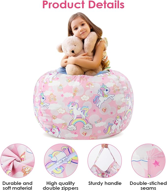 Bean Bag Chair for Kids Stuffed Animal Storage Beanbag Chairs,Toddler Toy Storage Organizer for Girls and Boys,Large 32'' Cover Only（No Filling