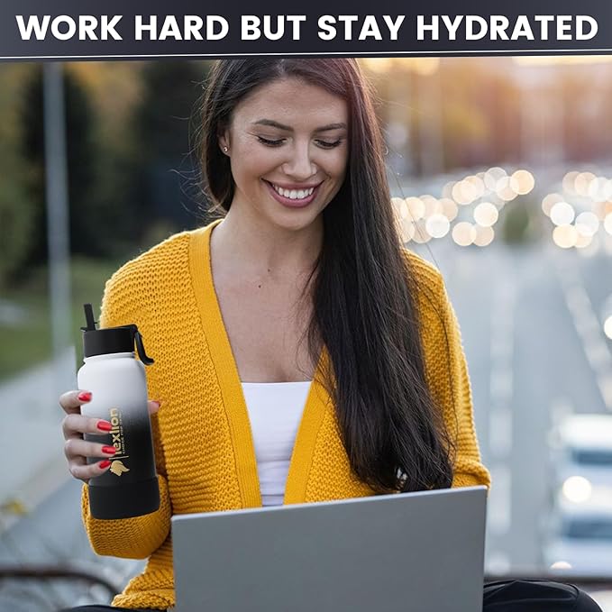 Water Bottle 32oz, Triple Walled Insulated Stainless Steel Reusable Bottle, Silicone Sleeve, Cleaning Brush, 2 Lids (Spout lid & Straw lid w/2 straw), Metal Mug Gallon, BPA Free, Day&Night