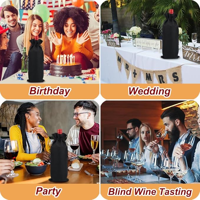 Shintop 10pcs Jute Wine Bags, 14 x 6 1/4 inches Hessian Wine Bottle Gift Bags with Drawstring for Party Halloween Festival Gift Favors (Black)