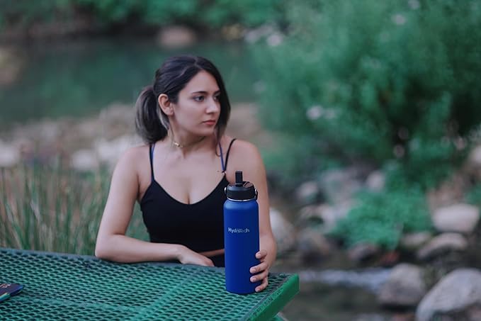HydroTech Stainless Steel Leak Proof Water Bottle with Double Wall Insulation and 2 Lids (Straw Lid) - 40 OZ. (Deep Blue)