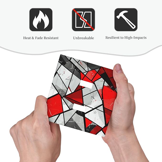 Red Gray Black White Geometric Double Toggle Light Switch Covers 2 Gang Wall Plate Dual Decorative Switchplate Electrical Faceplate for Bathroom Country Kitchen Bedroom Decor, 4.9" x 5"