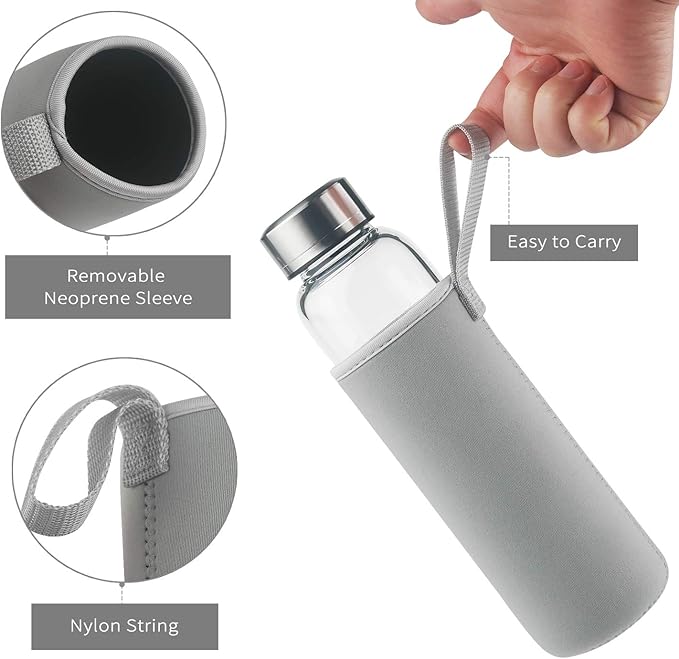Borosilicate Glass Water Bottle, Sports Glass Drinking Bottle with Neoprene Sleeve and Stainless Steel Lid 16oz / 32oz (32oz, Forest)