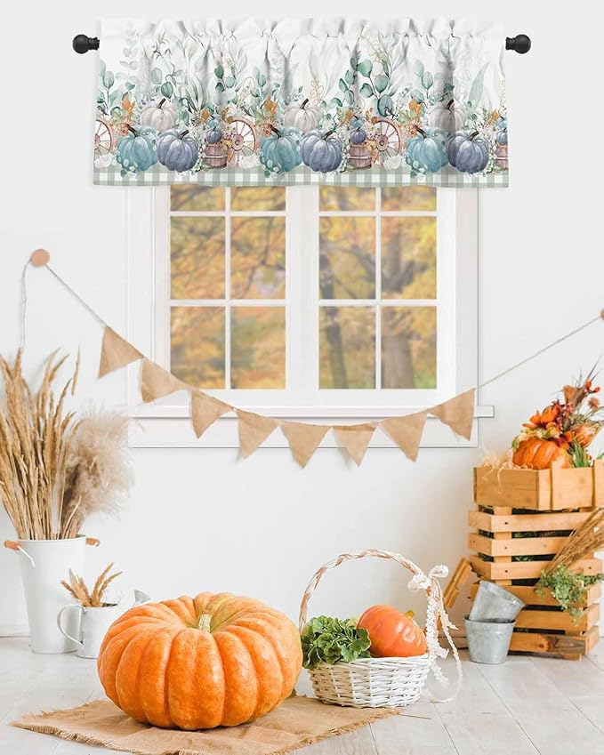 Fall Thanksgiving Kitchen Curtains Valances for Windows Navy Blue Pumpkins Green Eucalyptus Leaves Rod Pocket Window Treatment for Kitchen /Living Room/Bedroom/ Bathroom,42" X 12" Sage Farmhouse Plaid