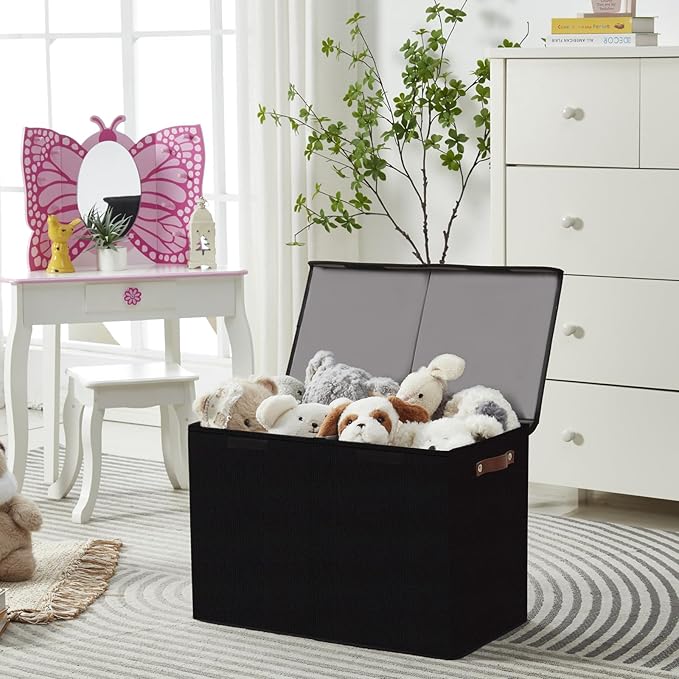 Large Toy Storage Box with Lids, Collapsible Sturdy Baby Storage Organizer Chest Bin Basket for Kids, Boys, Girls, Playroom, Nursery, Bedroom, Closet 25"x13"x16" (Black)