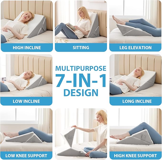 Bed Wedge Pillow for Sleeping, 9 & 12 Inch Adjustable Wedge Pillow for Back Pain Relief, 7-in-1 Memory Foam Triangle Pillow Wedge for Post Surgery, Acid Reflux, GERD, Snoring, White/Grey