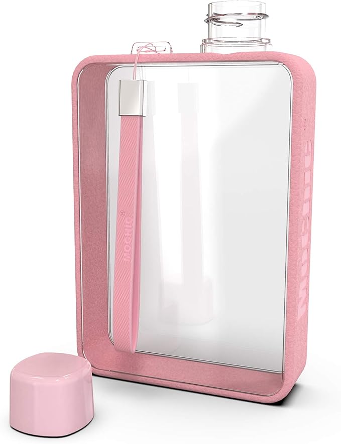 Mochic 13oz Flat Portable Travel Mug Handbag Slim Cold Flask | BPA Free A5 Water Bottle Tritan Plastic | Sports, Camping, Gym, Fitness, Outdoor - Leak Proof. 380ml (Pink)