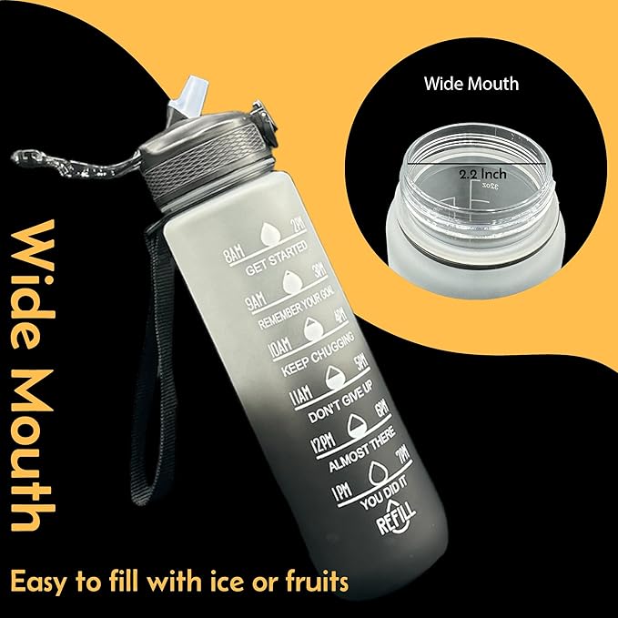 Yaa Fresh Water Bottles, 32oz Motivational Sports Water Bottle with Time Marker - Times to Drink - Tritan, BPA Free, Wide Mouth Leakproof, Fast Flow Technology with Clean Brush (1 Pack) (Black-White)