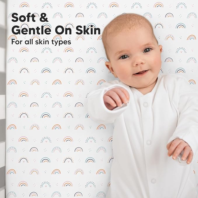 2-Pack Crib Sheets for Boys,Girls - Viscose Derived from Bamboo Fitted Crib Sheet, Organic Baby Crib Sheets, Crib Mattress Sheet,Toddler Bed Sheets,Baby Sheets for Crib Fitted Sheets(Jolly Rainbow)