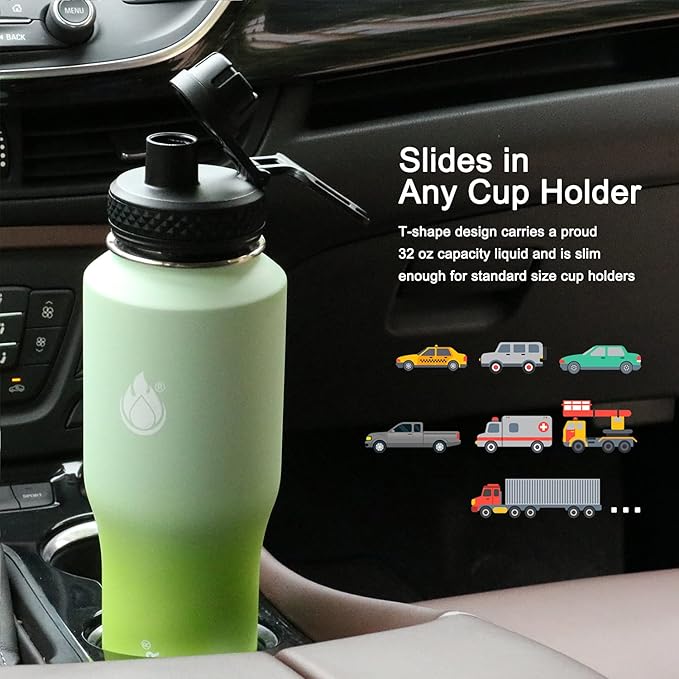 SENDESTAR Water Bottle 32oz,2 Lids(Straw lid),Wide Mouth Stainless Steel Vacuum Insulated Double Wall Keep Liquids Cold or Hot All Day,Sweat Proof Sport Design,Fit Car Cup Holder(Neon)