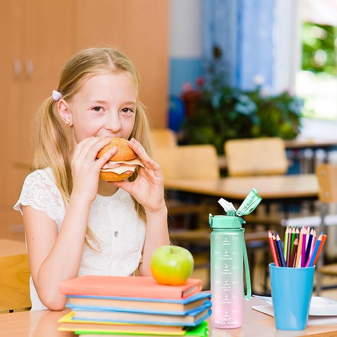 OLDLEY Kids Water Bottle for School, 17 oz (2 lids) BPA-Free Reusable Leak-proof Durable Tritan Plastic Water Bottles with Straw & Chug Lids, Anti-dust Spout Cover (Mintpink)