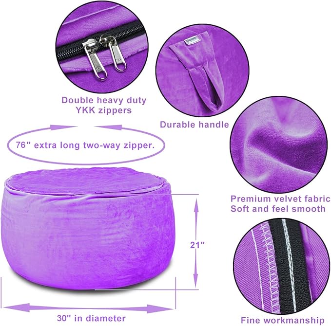 Bean Bag Chair Cover, Stuffed Animal Storage, Plush Toys Organizer Holder, Beanbag Chairs Cover for Kids Teans and Adults Super Soft and Comfortable Fabric X-Large with Handle and Zipper -Round Purple