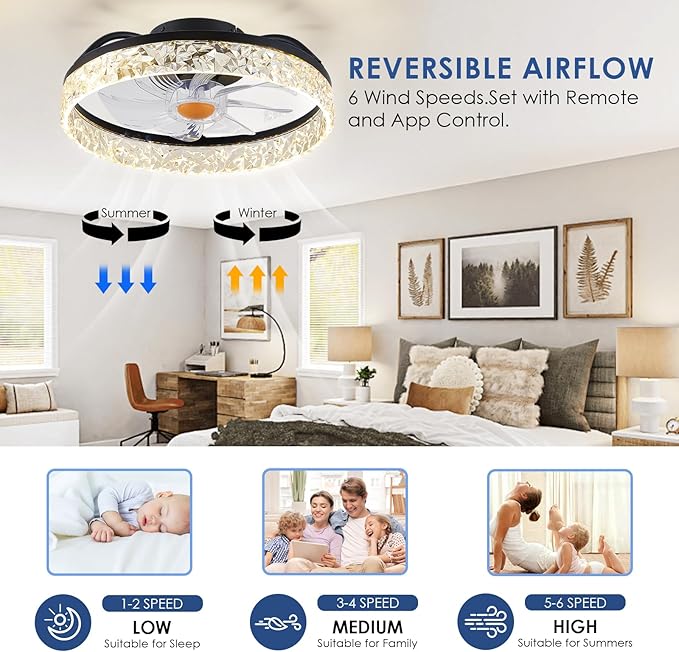 Ceiling Fans with Lights Low Profile - 15.7" Flush Mount Modern Ceiling Fans with Remote Control, Bladeless Enclosed Ceiling Fans for Indoor Bedroom, Living Room and Kitchen