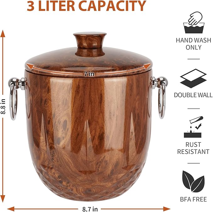 Ice Bucket with Lid, 3L Diamond Bottom Design Double Wall Stainless Steel Insulated Ice Bucket, Champagne Bucket, Wine Bucket for parties, cocktail bar, Teakwood